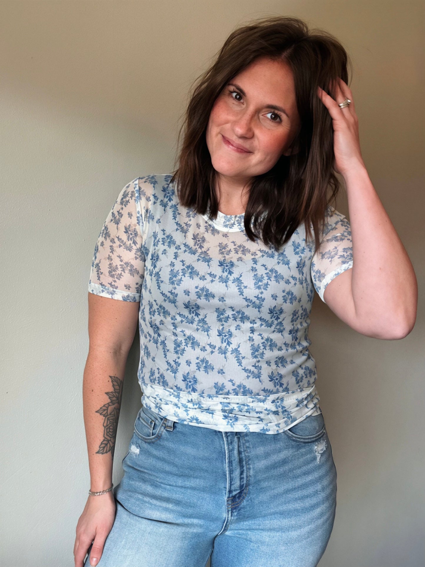 Blue Floral Mesh Top