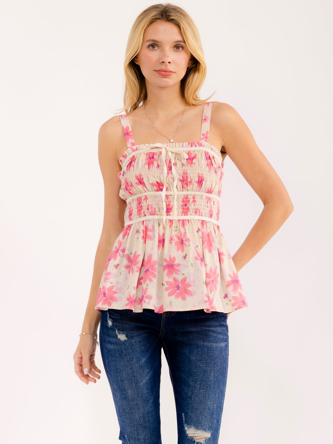 Pink Floral Smocked Tank