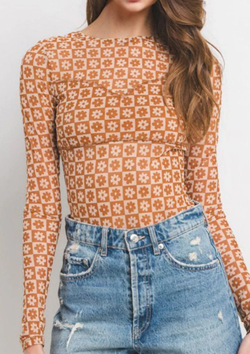 Rust Check Floral Mesh Bodysuit