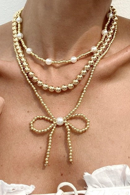 Layered Pearl Bow Necklace