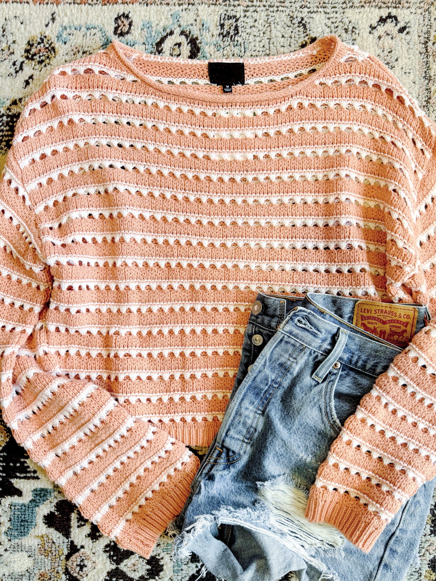 Peach Crochet Knit Cropped Sweater