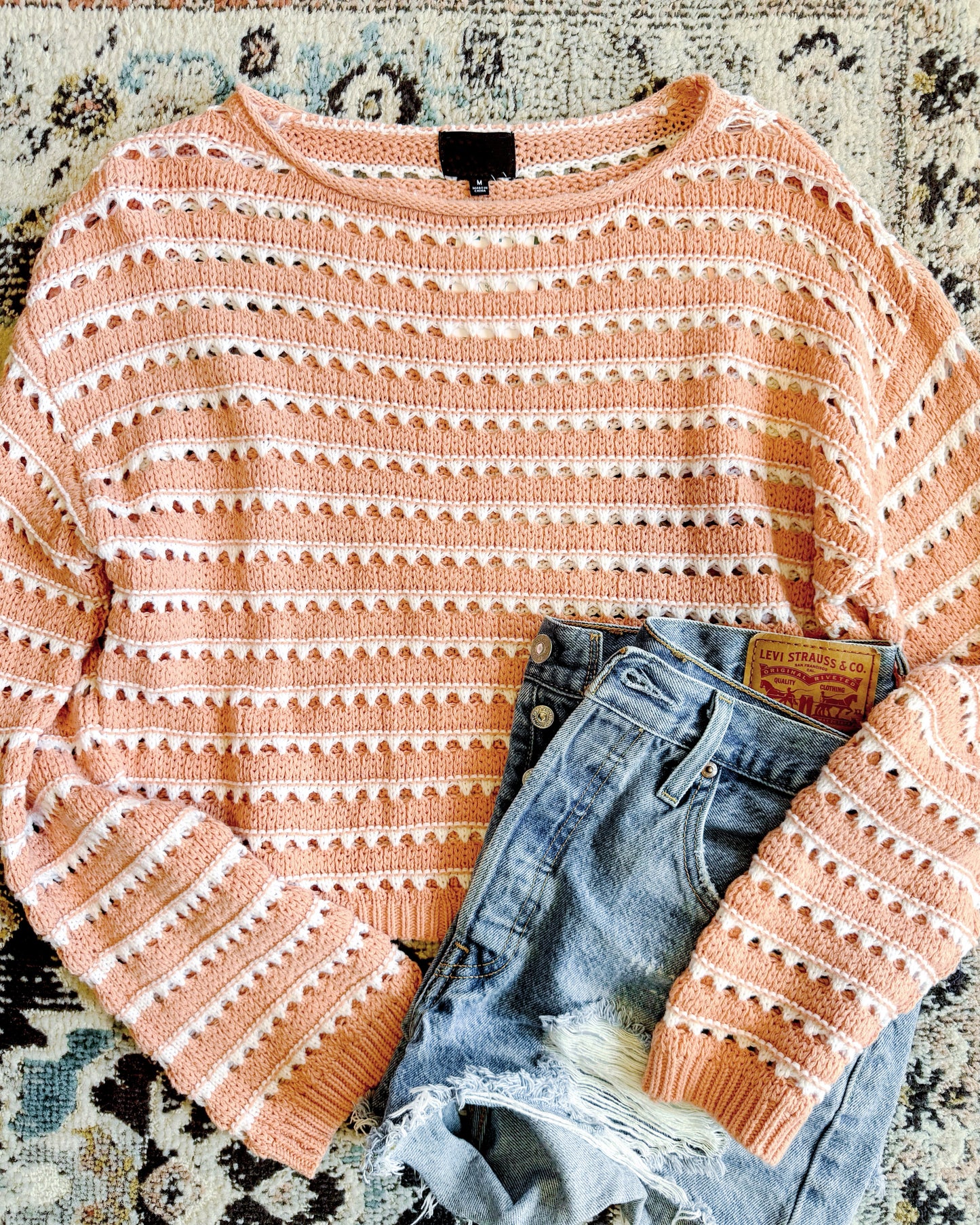 Peach Crochet Knit Cropped Sweater