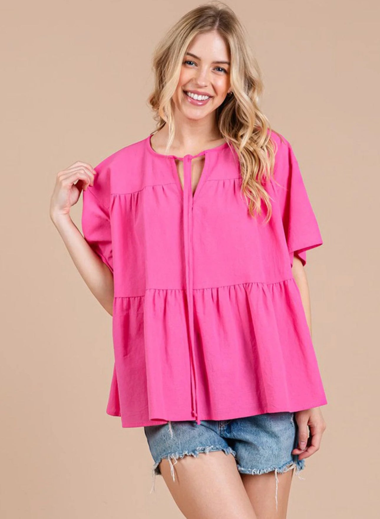 Hot Pink Tiered Ruffle Sleeve Top