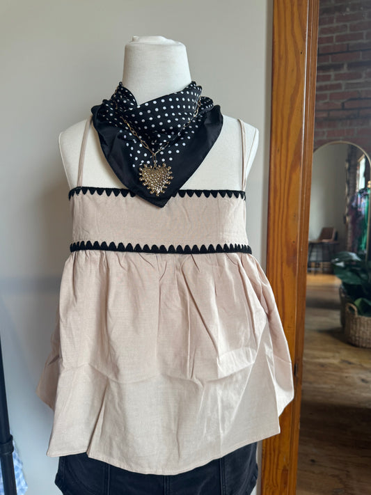 Taupe + Black Embroidered Scallop Tank