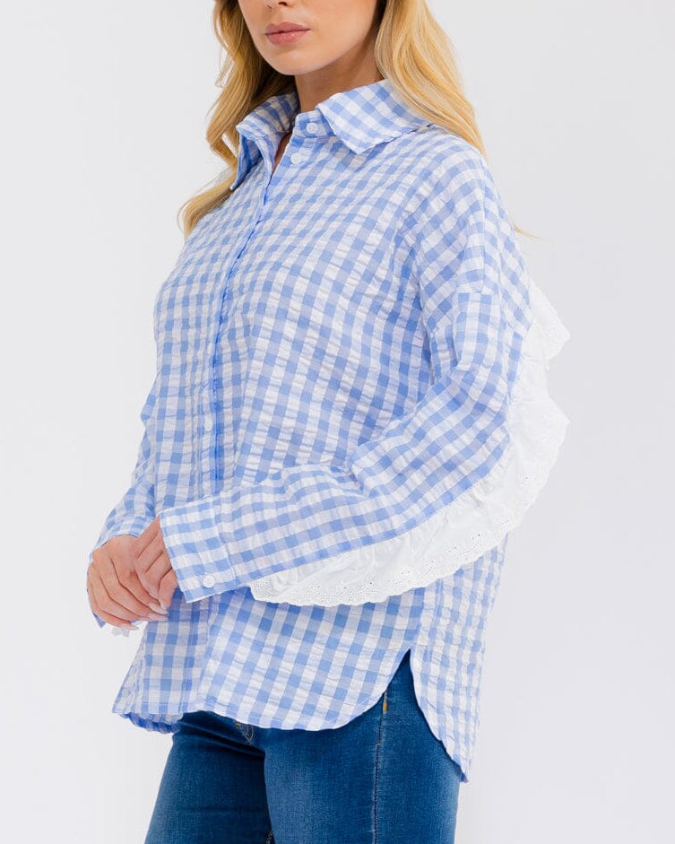 Blue Gingham Plaid Eyelet Button Up