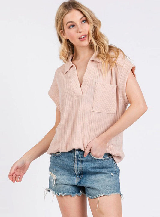 Pink Ribbed Collared Top
