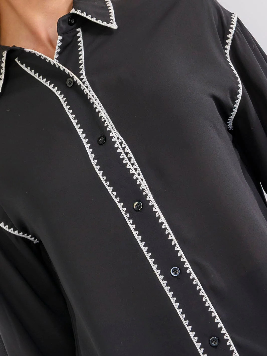 Black Embroidered Stitch Button Up
