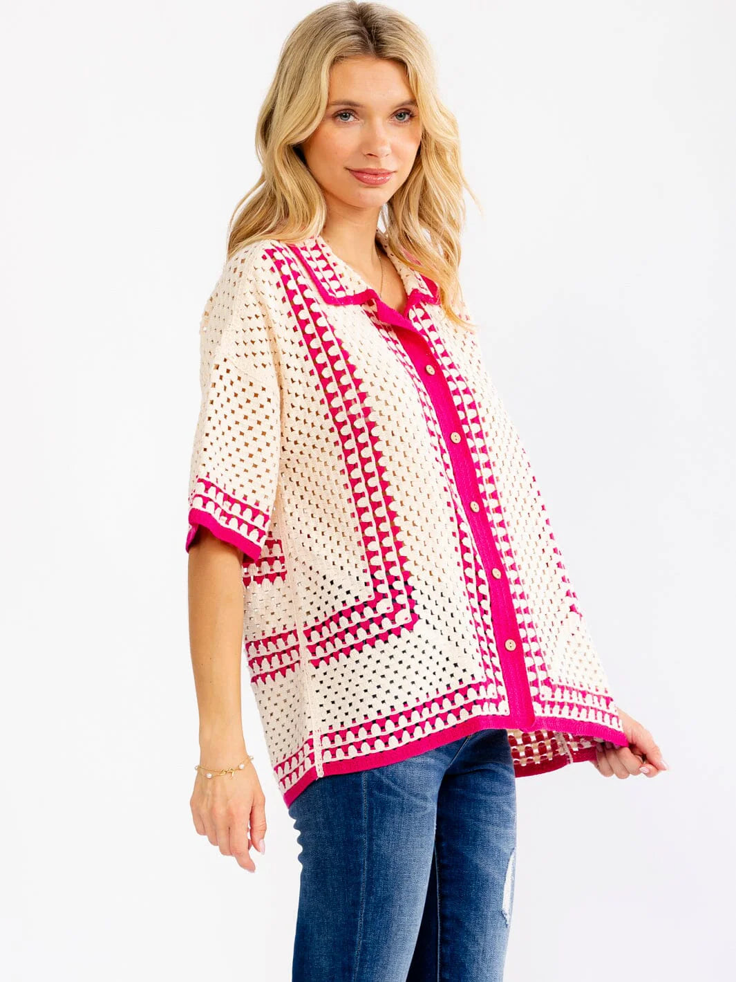 Hot Pink Crochet Knit Button Up