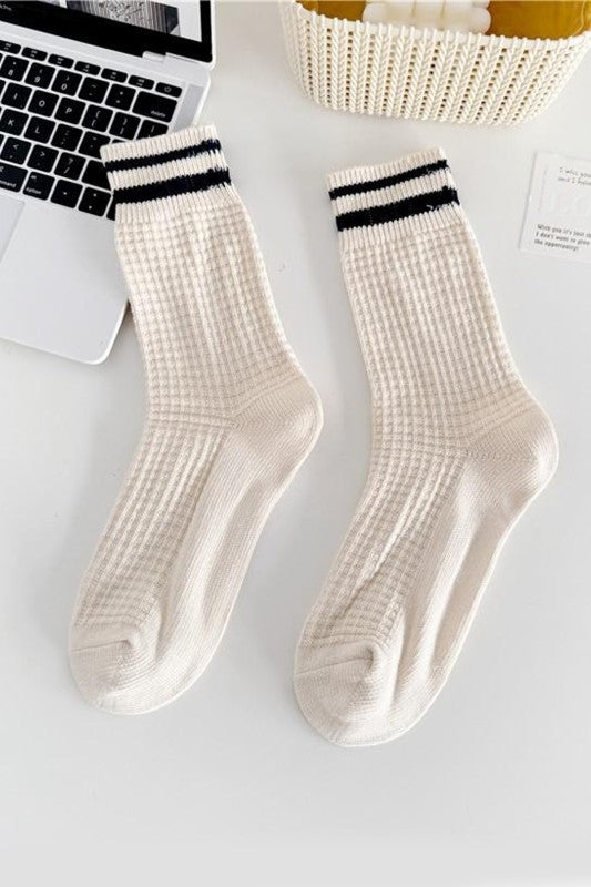 Navy Striped Waffle Crew Socks