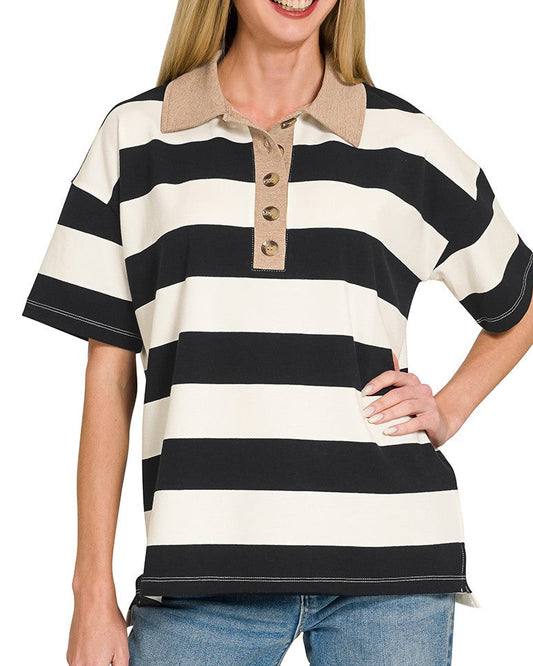 Black Striped Collared Top