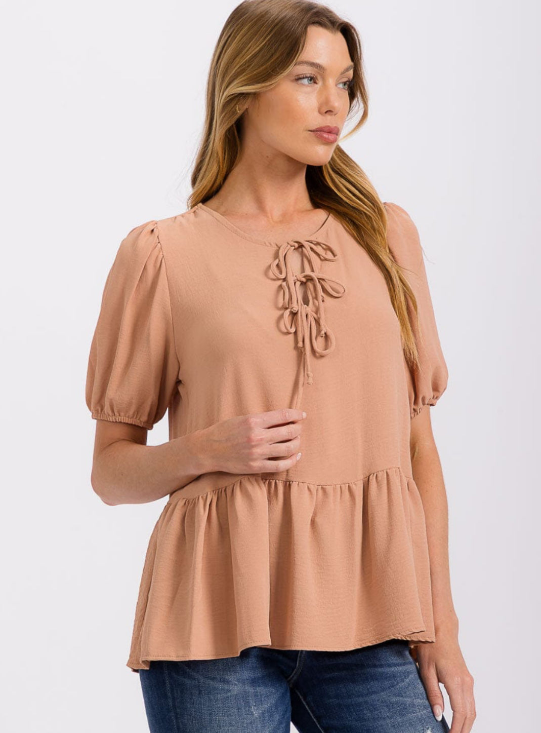 Taupe Bow Puff Sleeve Top