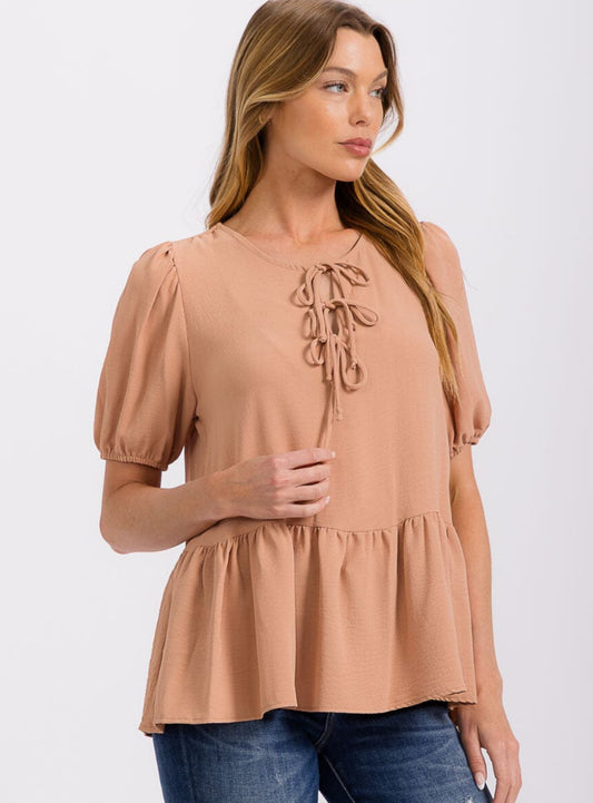 Taupe Bow Puff Sleeve Top