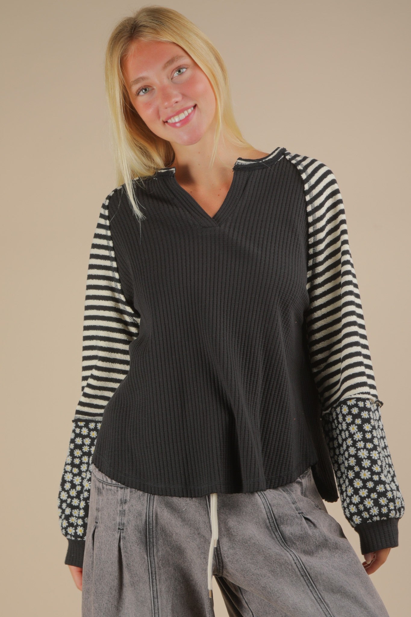 Black Thermal Floral + Stripe Pullover