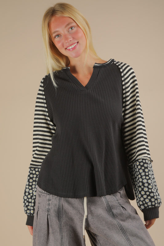 Black Thermal Floral + Stripe Pullover