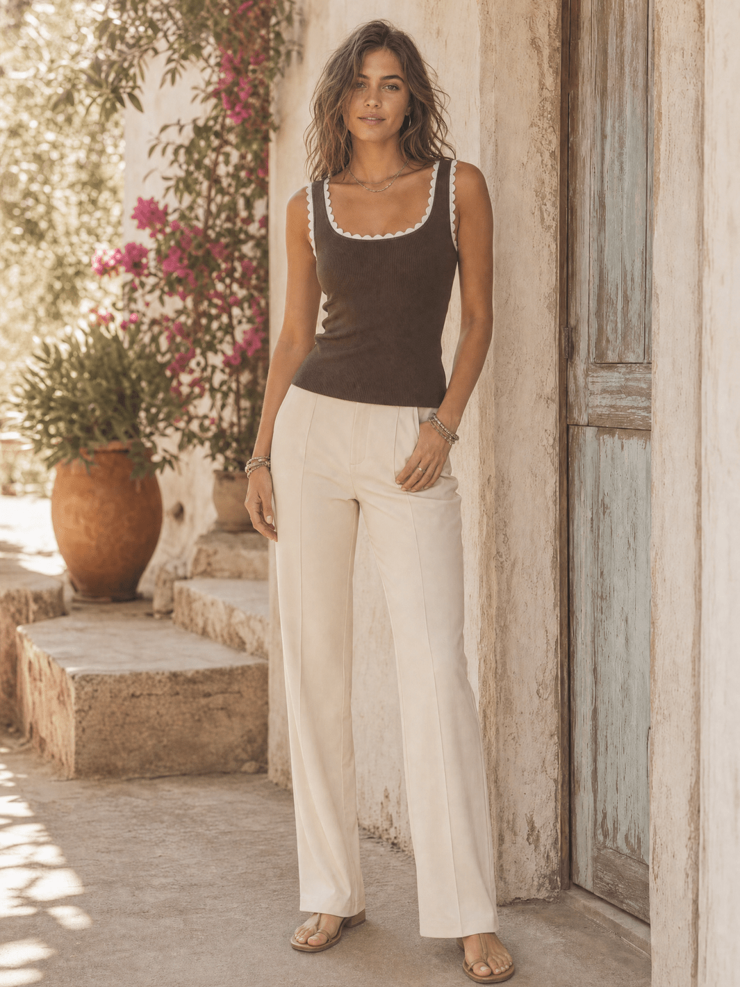 Brown Ribbed Pearl Fitted Tank