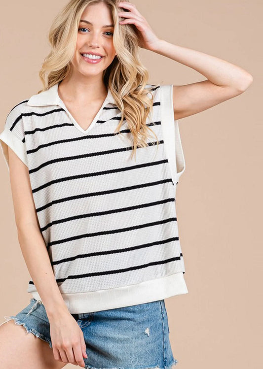 Black + White Striped Collared Top