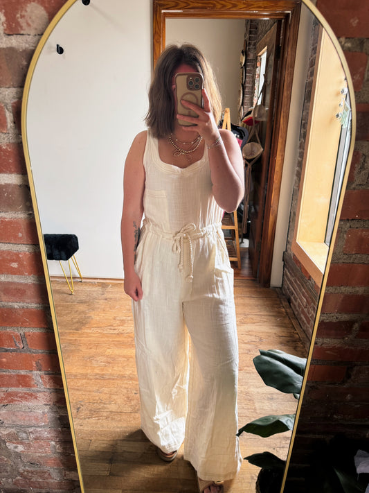 Cream Linen Wide Leg Jumpsuit