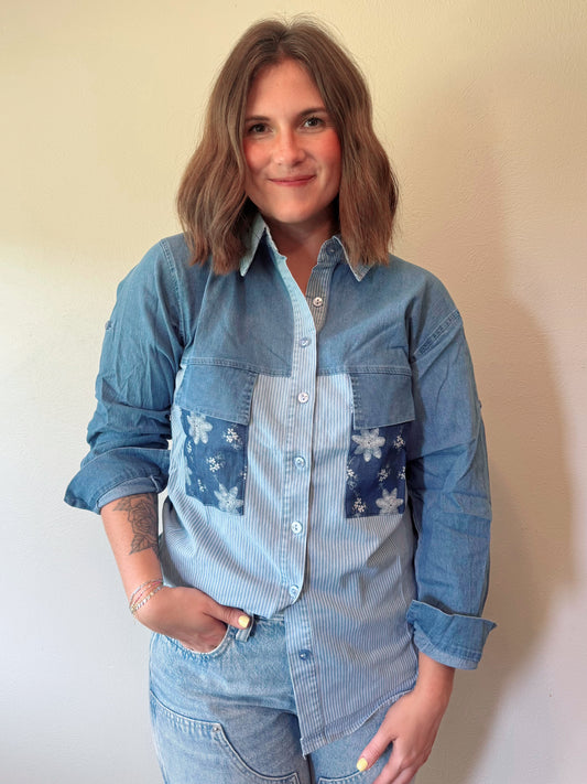 Denim Floral Pinstripe Button Down