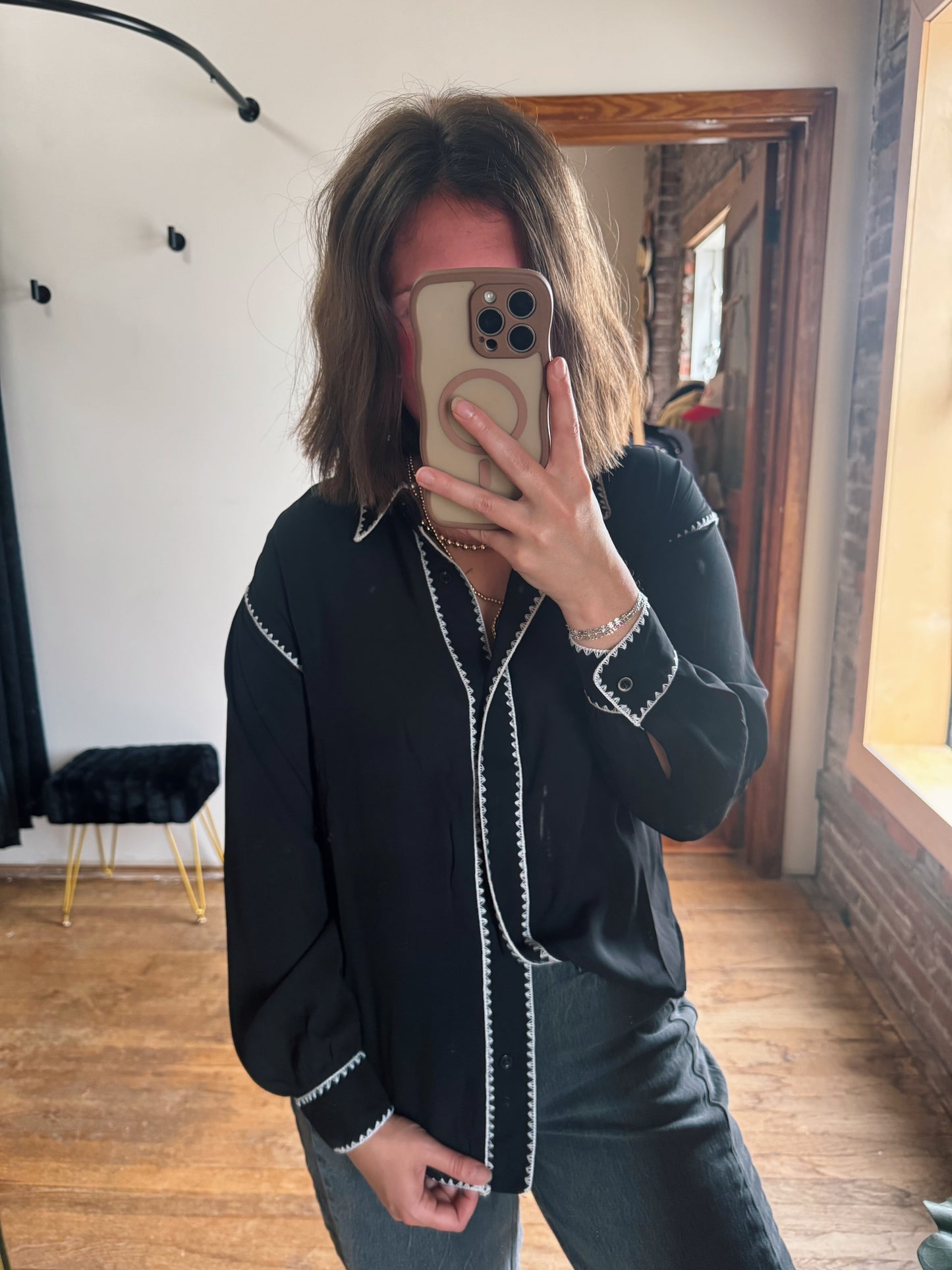 Black Embroidered Stitch Button Up