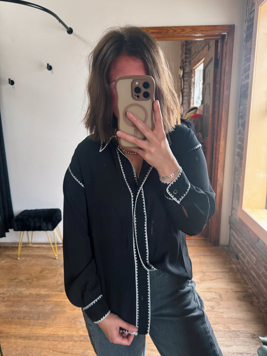 Black Embroidered Stitch Button Up