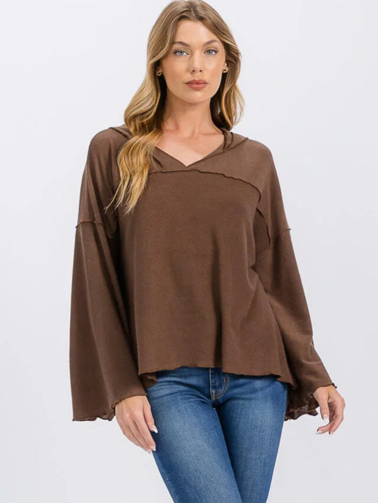 Brown Hooded Bell Sleeve Top