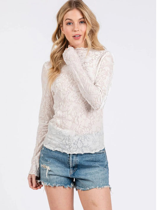 Cream Velvet Mesh Fitted Top