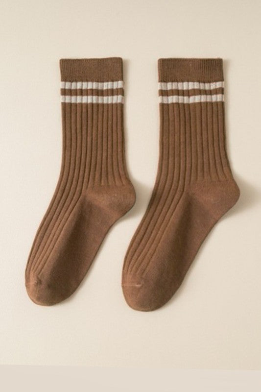 Brown Stripped Ribbed Crew Socks