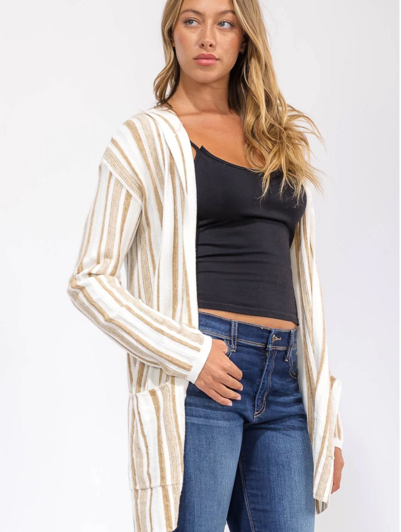 Taupe Stripped Hooded Cardigan