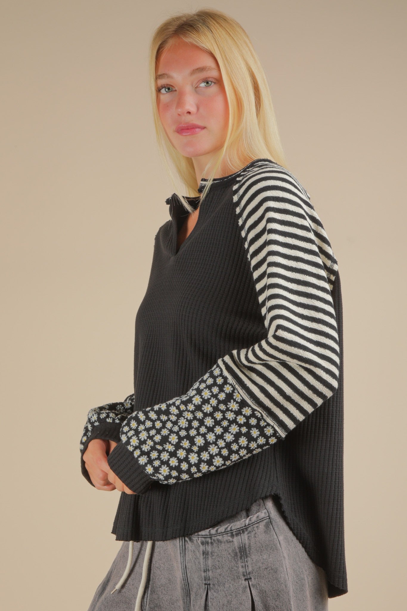 Black Thermal Floral + Stripe Pullover