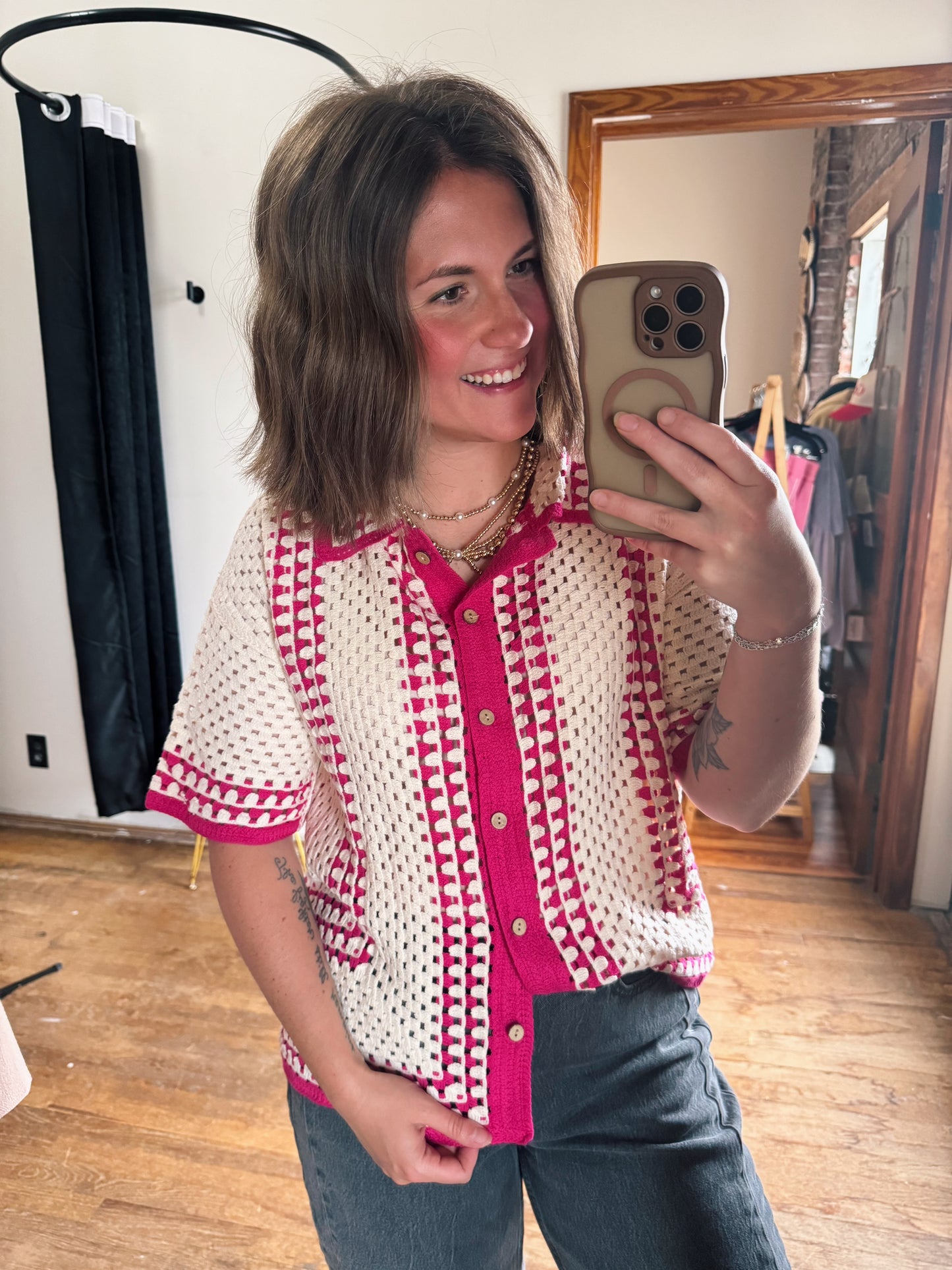 Hot Pink Crochet Knit Button Up
