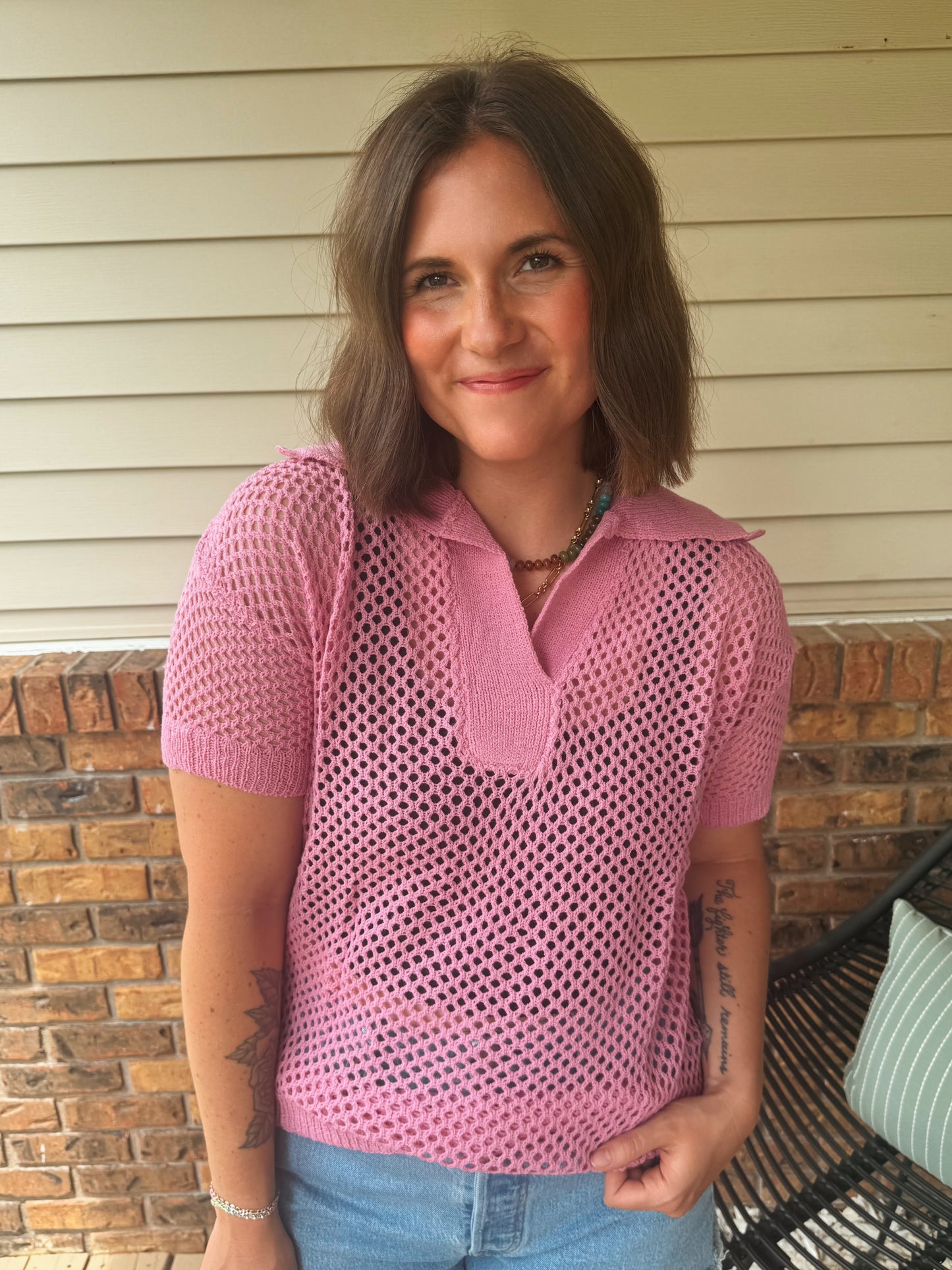 Pink Collared Crochet Top