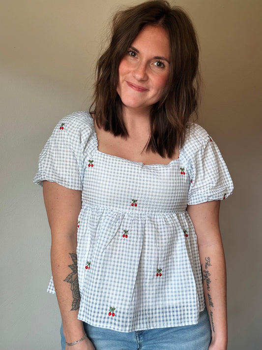 Light Blue Embroidered Cherry Top