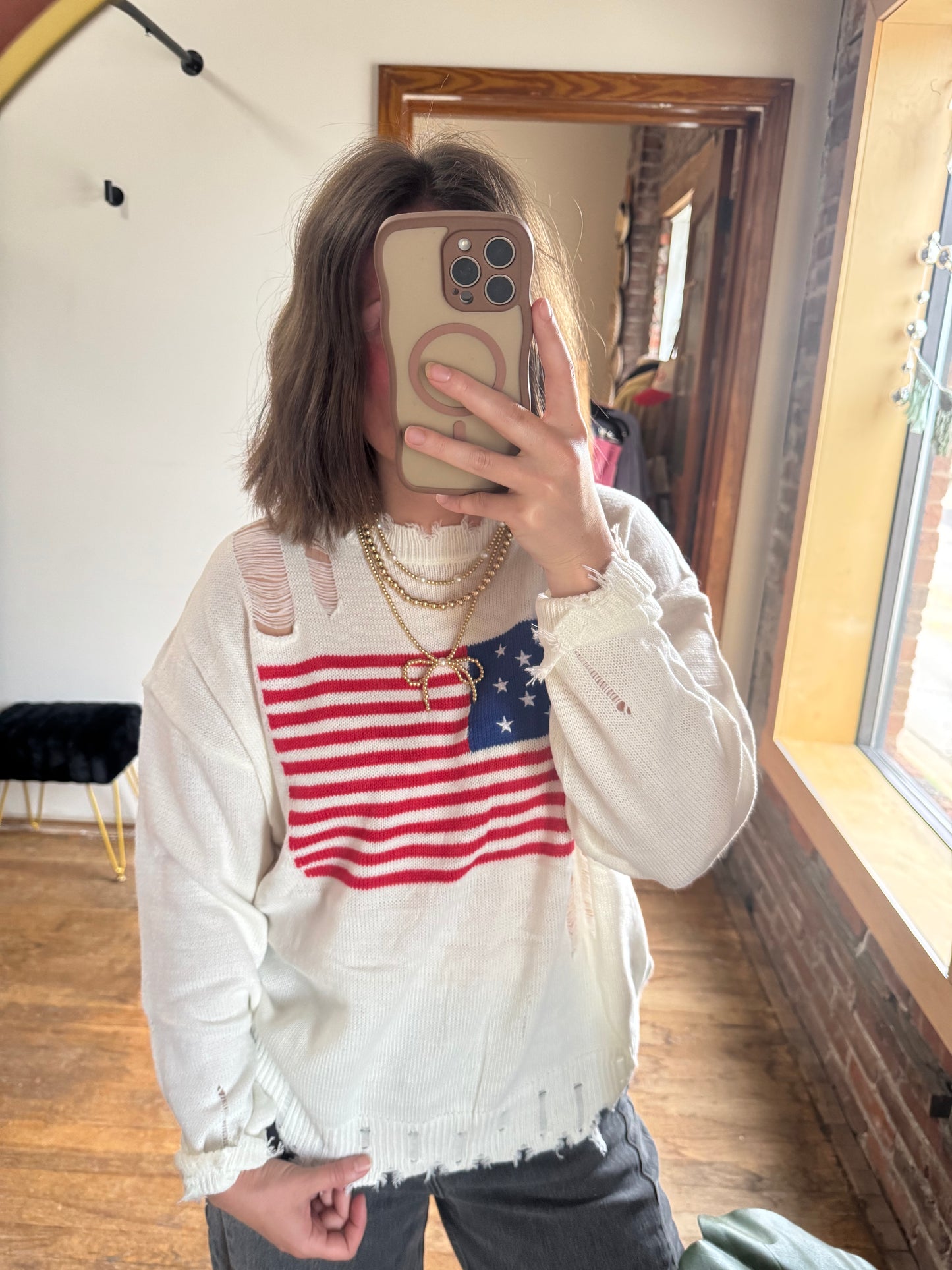 American Flag Distressed Sweater