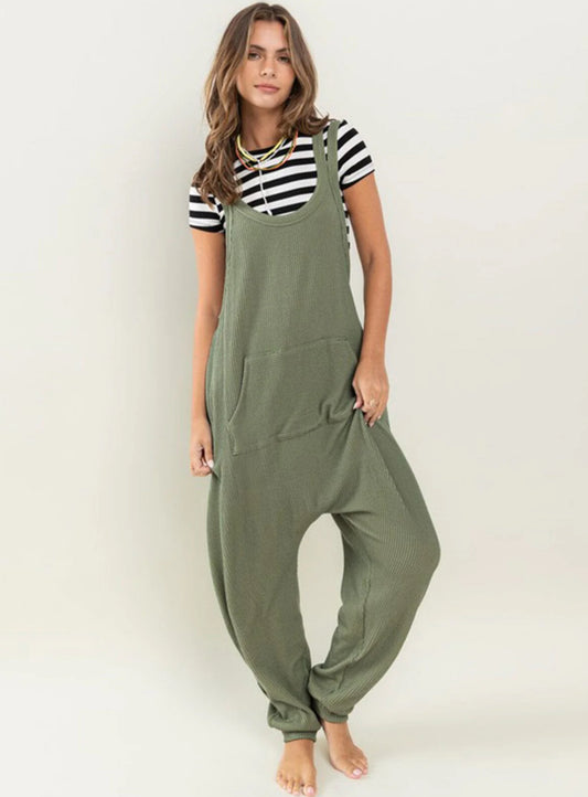 Olive Waffle Knit Jumpsuit