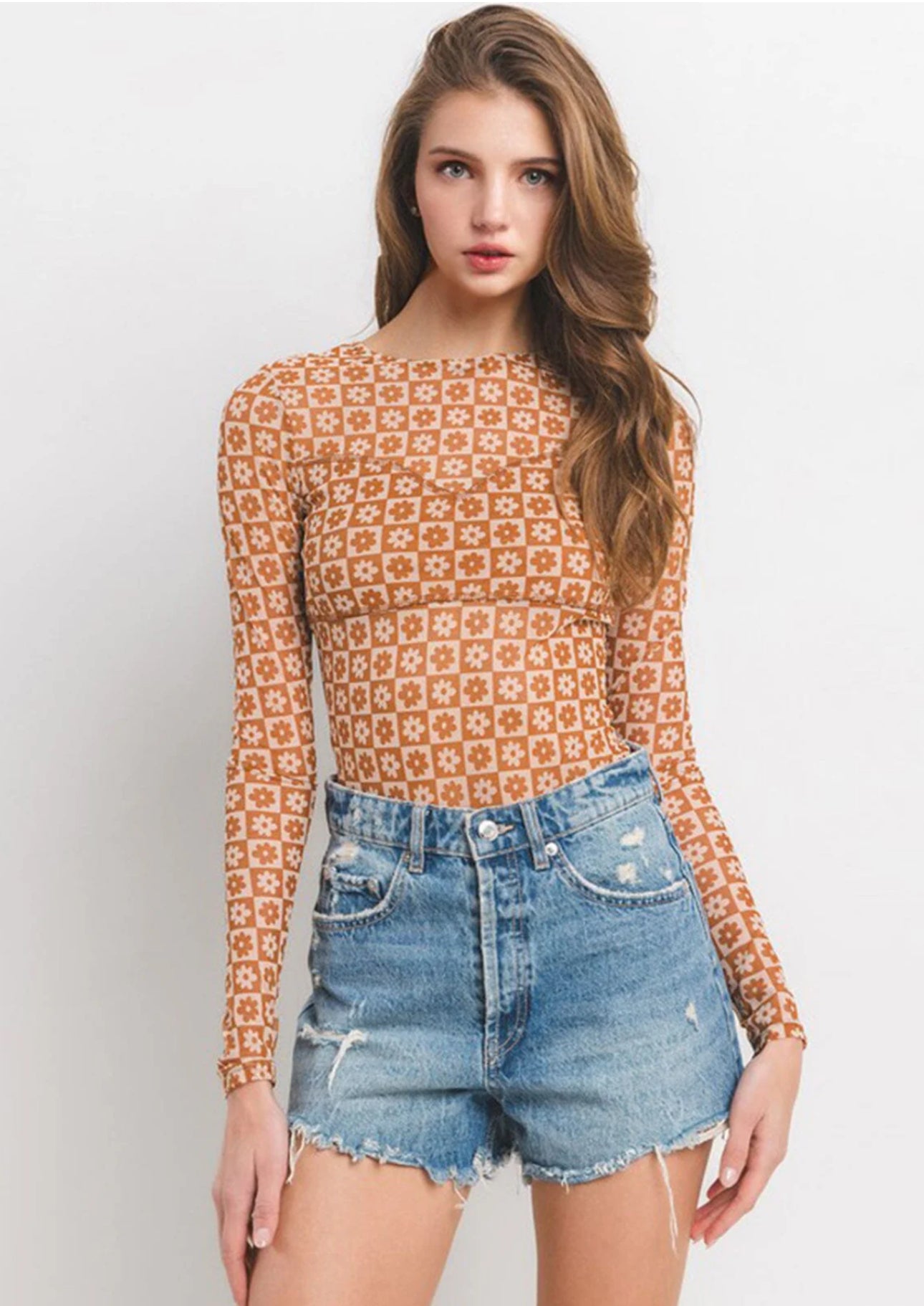 Rust Check Floral Mesh Bodysuit