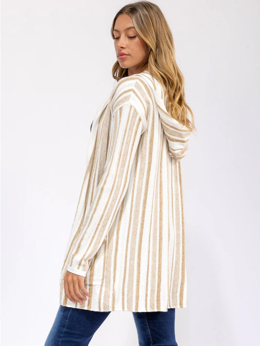 Taupe Stripped Hooded Cardigan