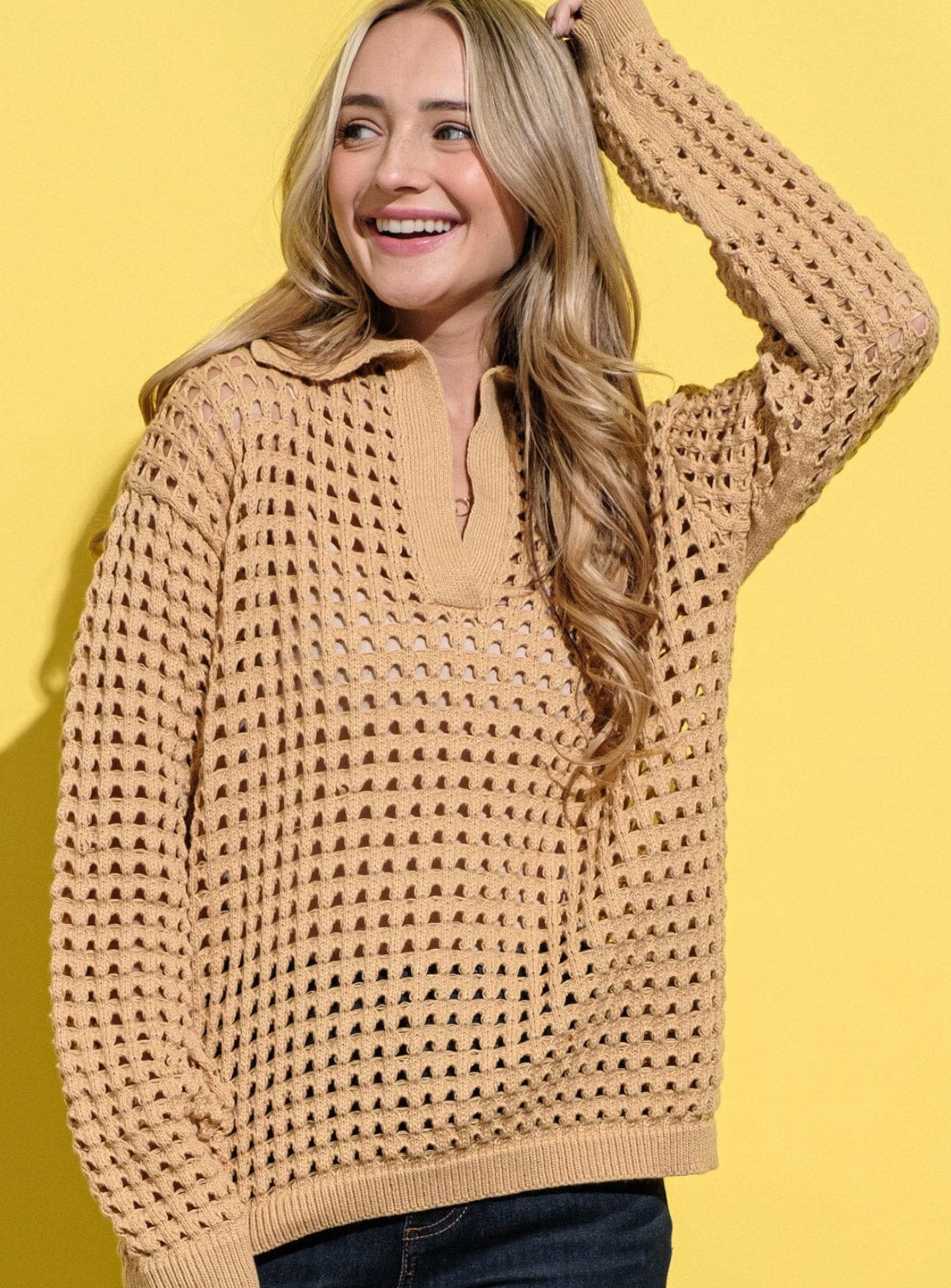 Tan Crochet Knit Collared Sweater