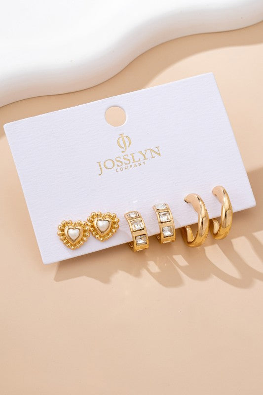 Pearl Heart + Rhinestone Trio Earrings