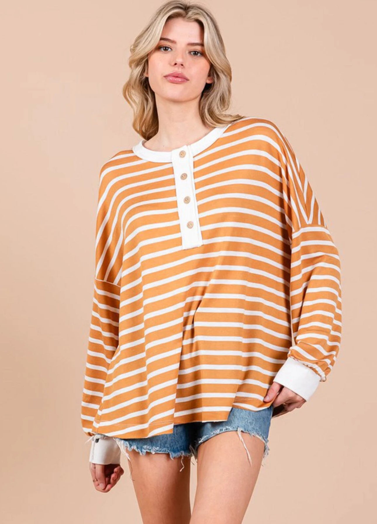 Camel Striped Button Top
