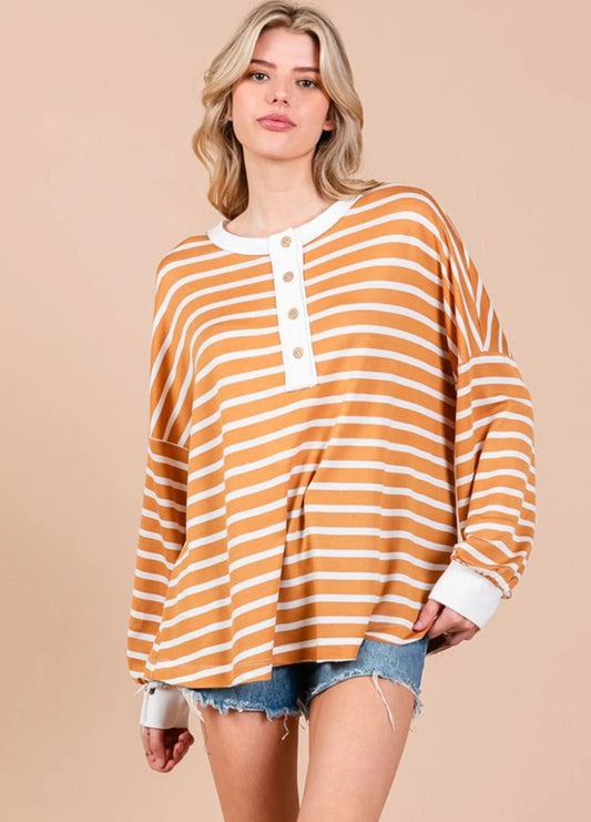 Camel Striped Button Top