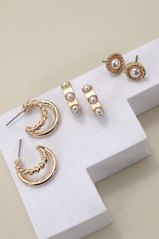 Gold Pearl Trio Earrings