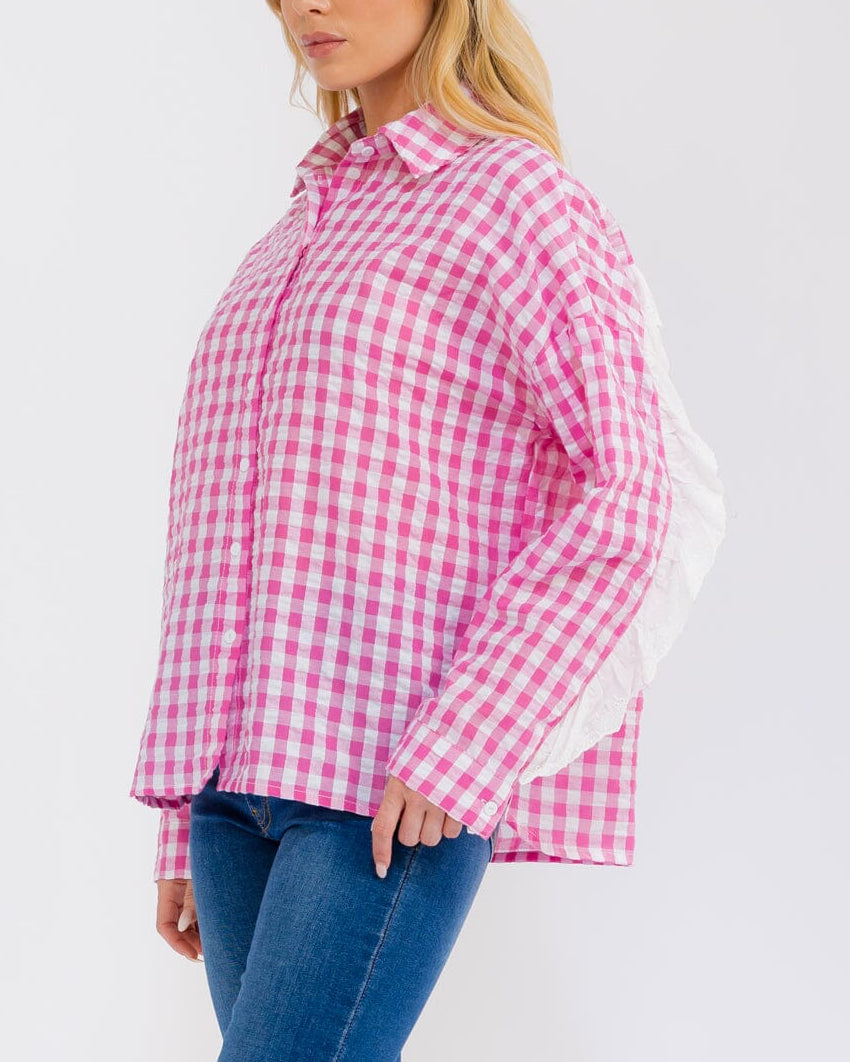 Pink Gingham Plaid Eyelet Button Up