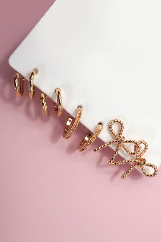 Gold Huggie Bow Trio Earrings