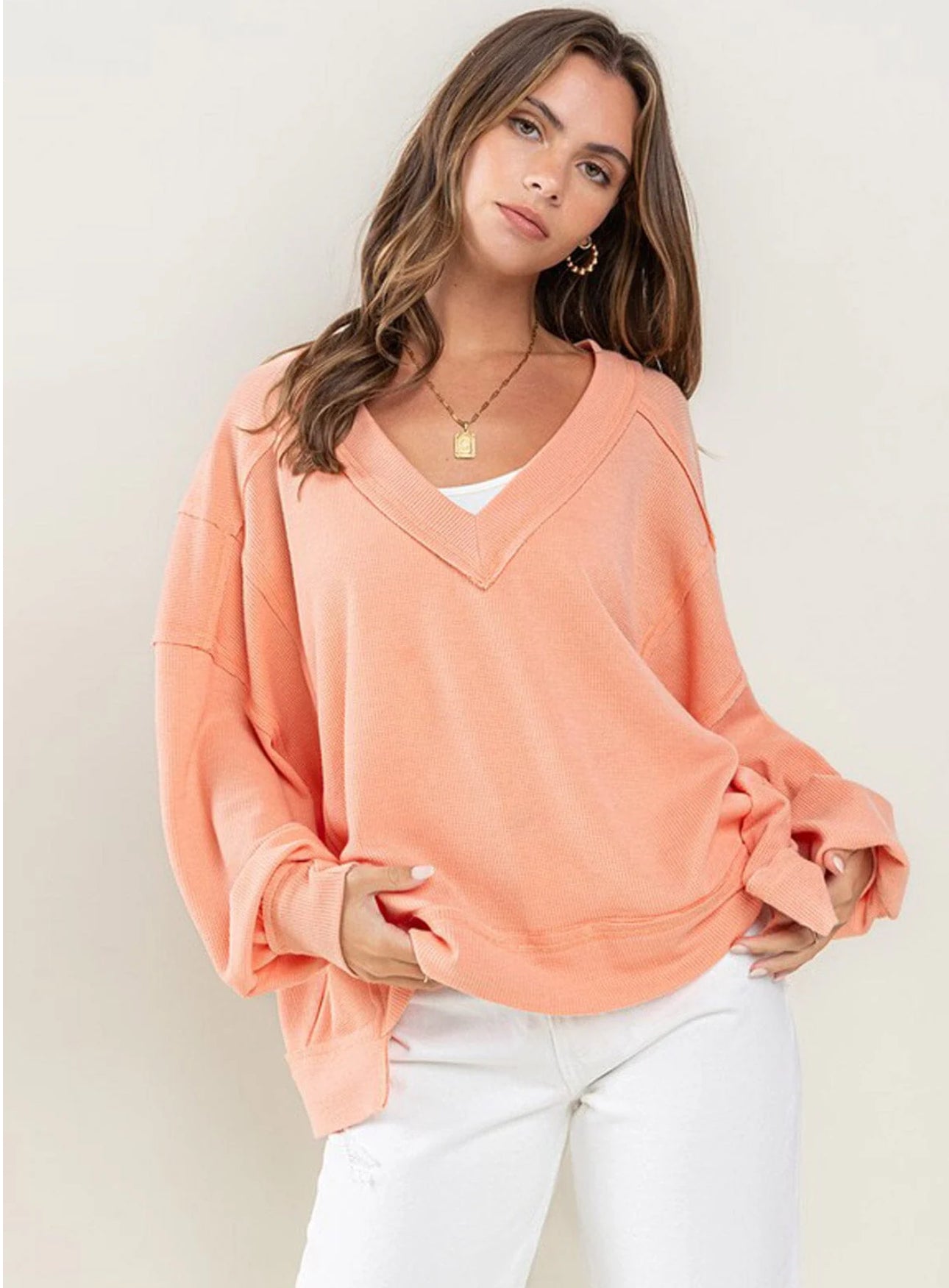 Peach Waffle Knit Top