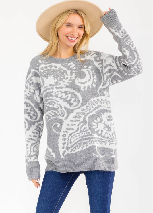 Grey Paisley Knit Sweater