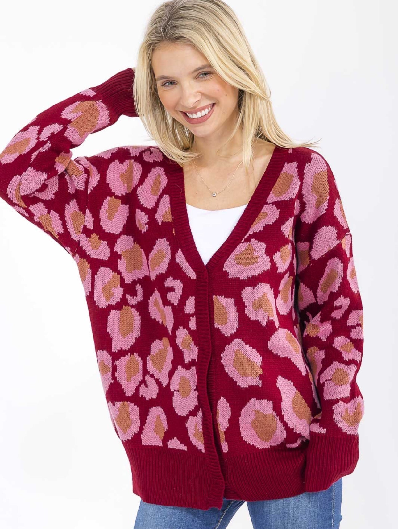 Burgundy Leopard Print Cardigan