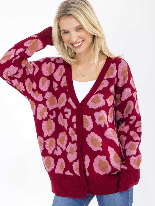 Burgundy Leopard Print Cardigan