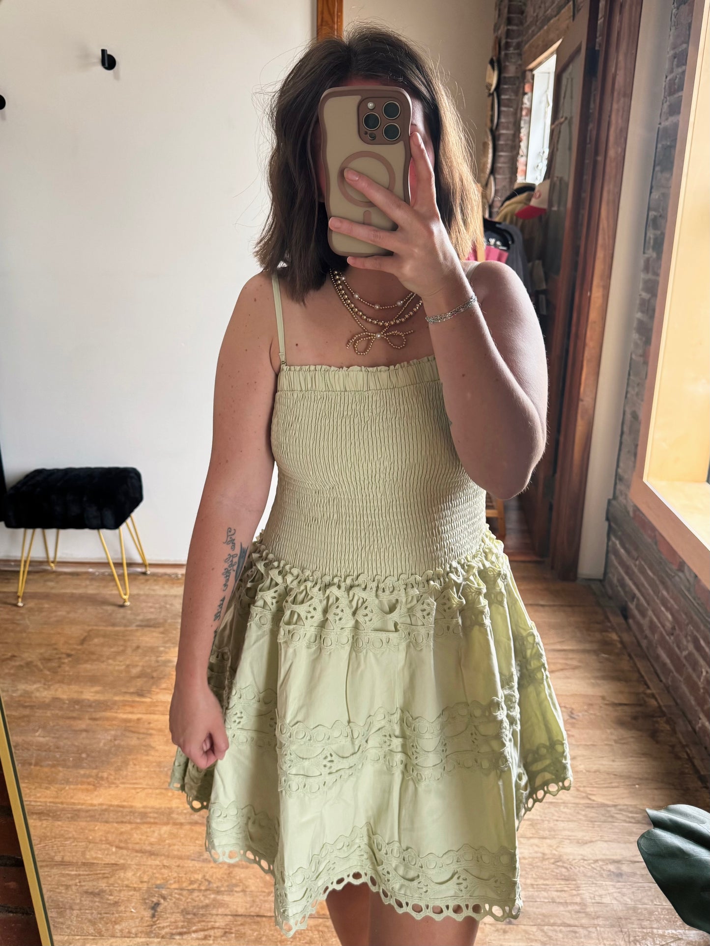 Sage Smocked Crochet Dress
