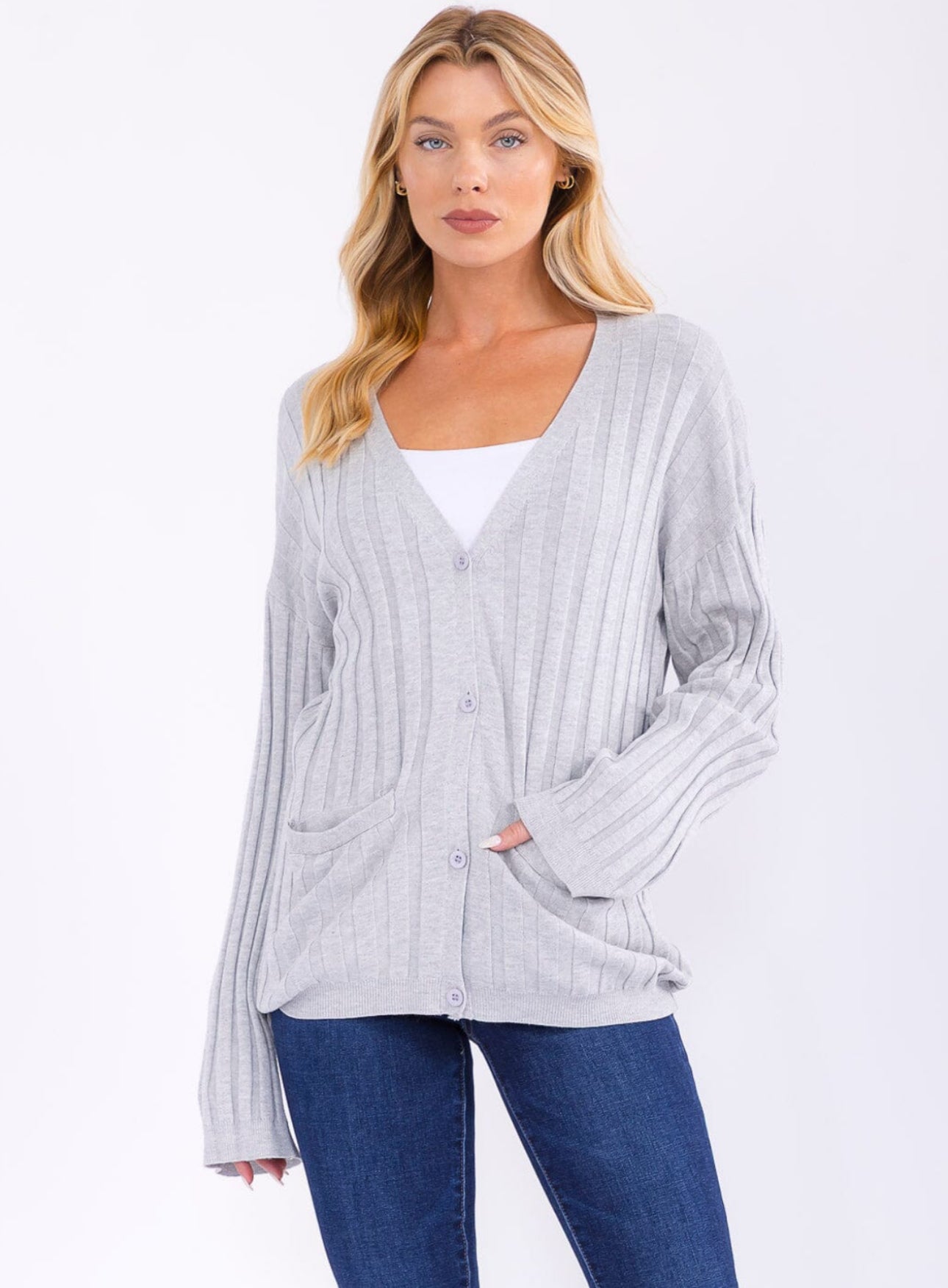 Heather Grey Ribbed Cardigan- 1 Medium