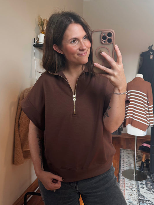 Brown Scuba Half Zip Short Sleeve Pullover